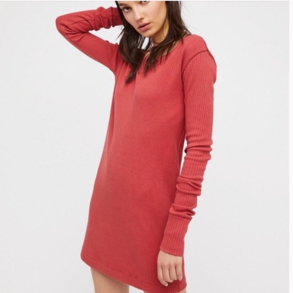 Free People Dresses & Skirts - Free People FP Beach Ribbed Long Sleeve V Neck Mini Dress Red Pink Size Small